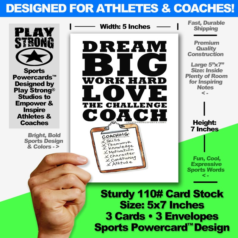 Play Strong 3-Pack Thanks Coach Dream Big 3-Pack (5x7) Greeting Thank You Coach Cards Set Awesome for Players, Teams, Family and Fans - Your Coaches Will Love 'Em! - Image 2